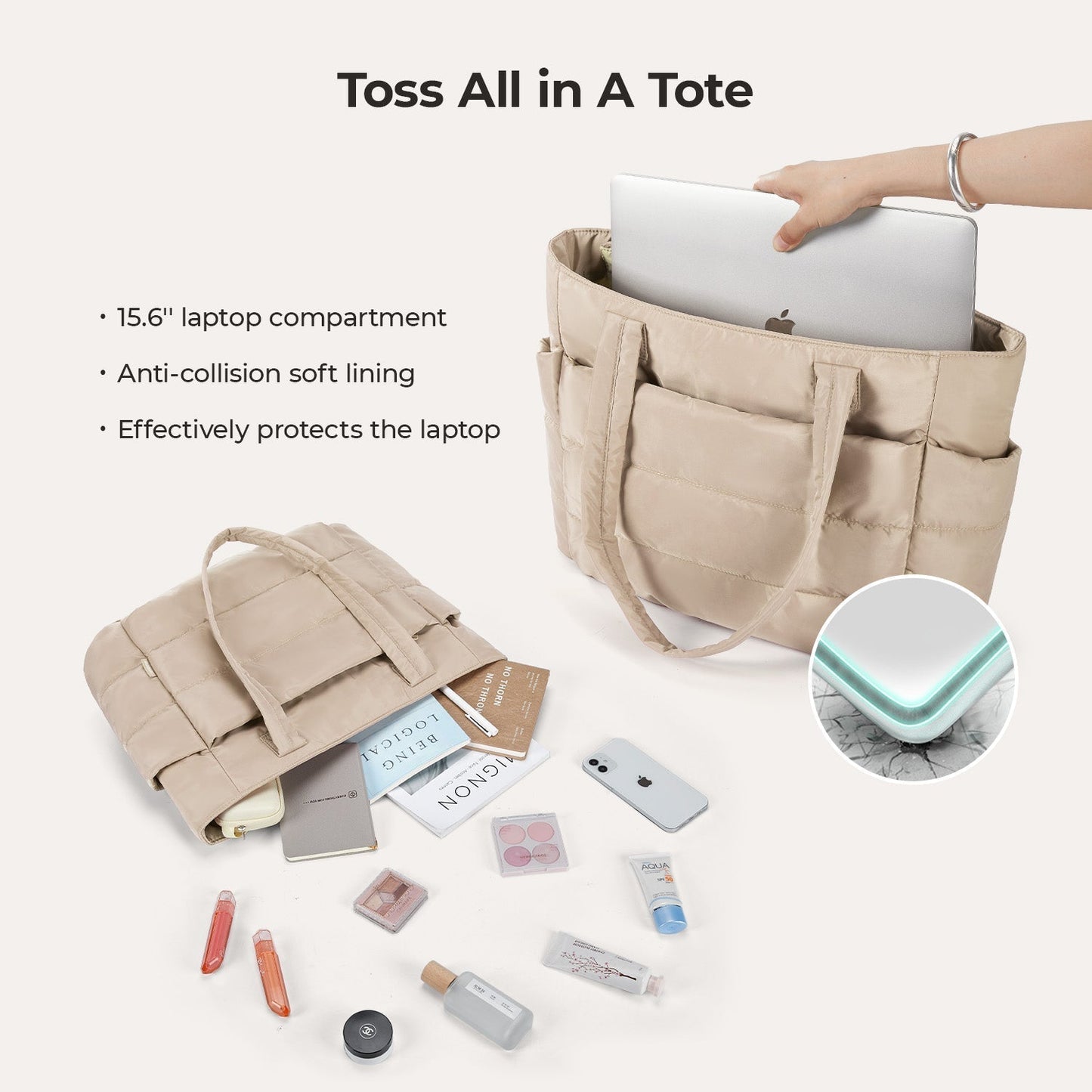 20L Puffy Tote Bag with 15.6" Laptop Compartment