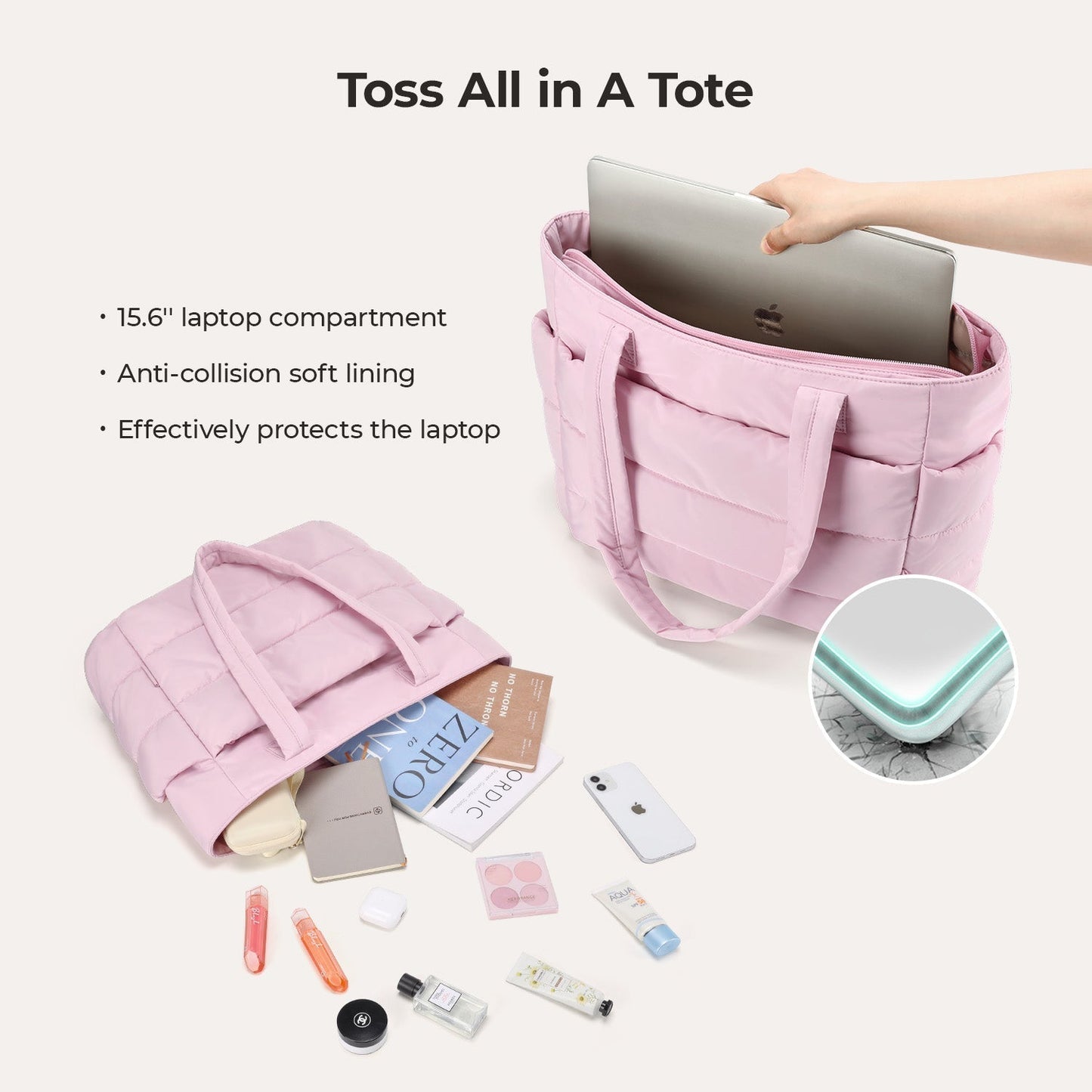 20L Puffy Tote Bag with 15.6" Laptop Compartment