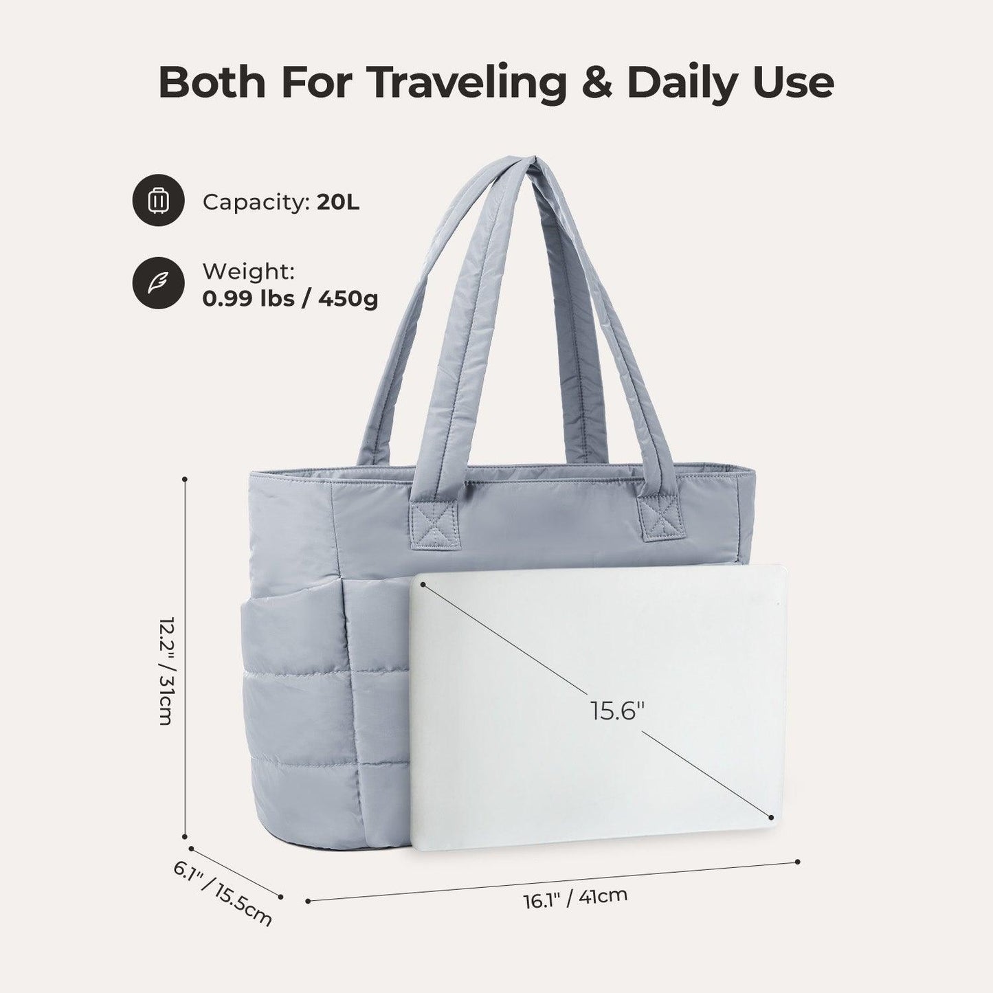 20L Puffy Tote Bag with 15.6" Laptop Compartment