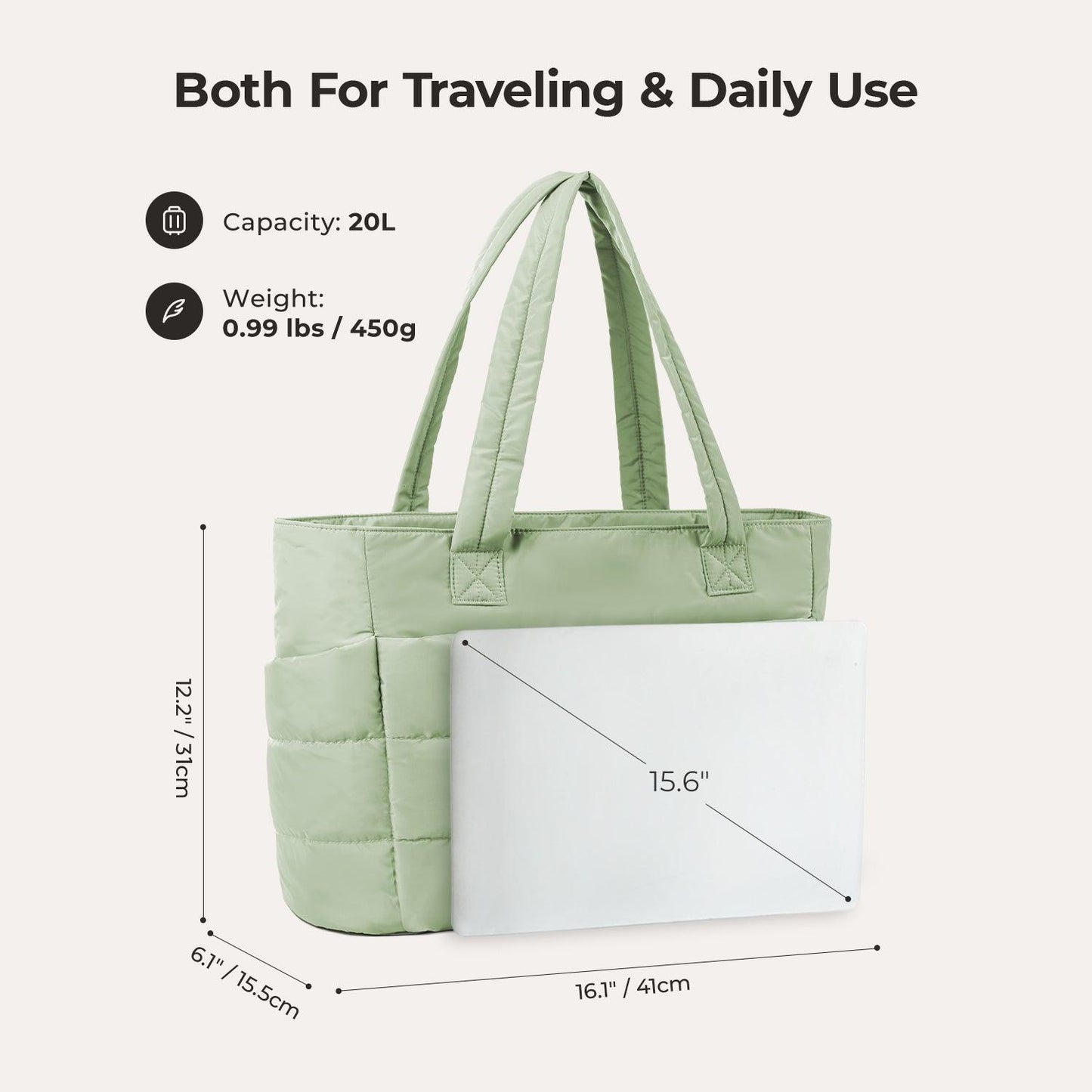 20L Puffy Tote Bag with 15.6" Laptop Compartment