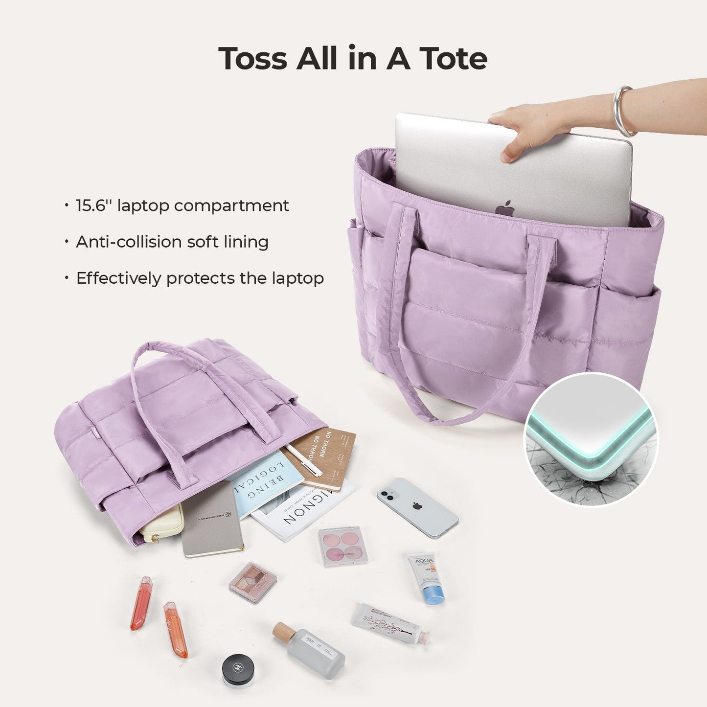 20L Puffy Tote Bag with 15.6" Laptop Compartment
