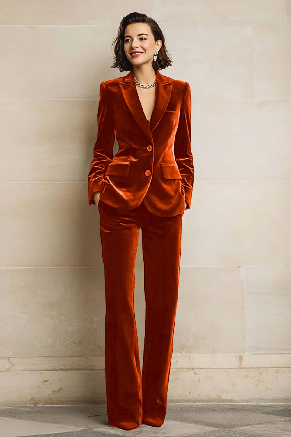 Women's Velvet Two-Piece Suit, Peak Lapels, Long Sleeves, Wide-Leg Trousers