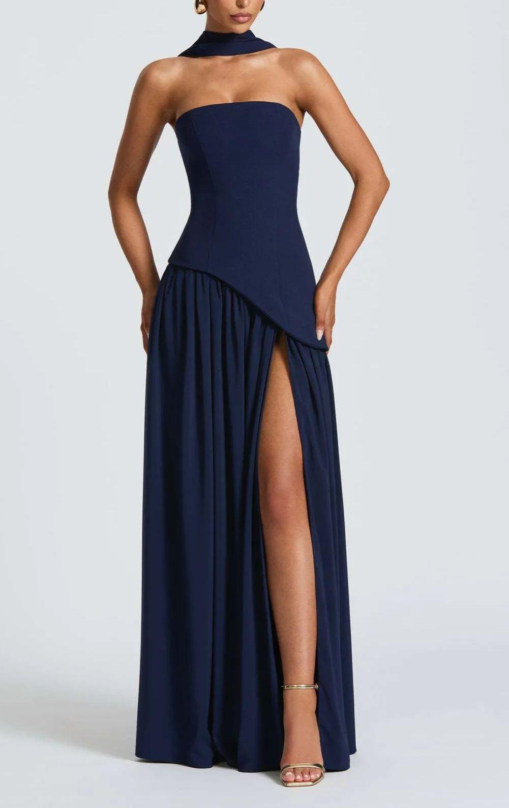 Strapless Slit Ribbon - Maxi Dress
