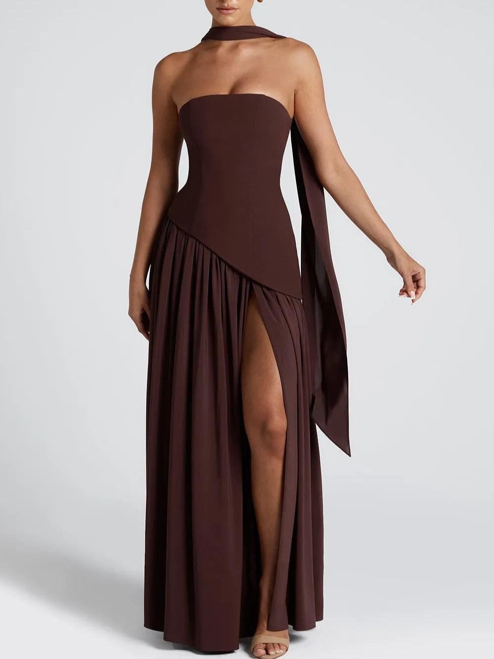 Strapless Slit Ribbon - Maxi Dress