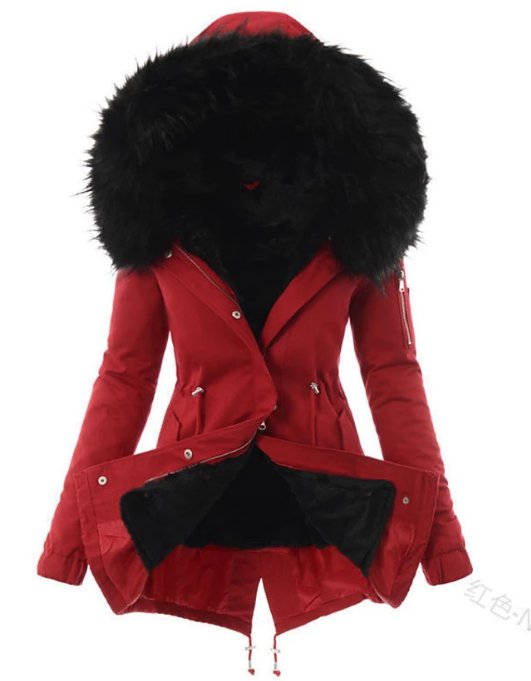 Women's long hooded parka with faux fur trim, hood and waist detail