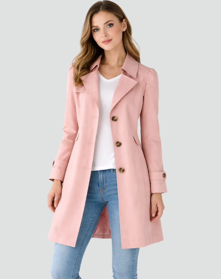 Women's slim fit trench coat with classic lapel collar, size chart