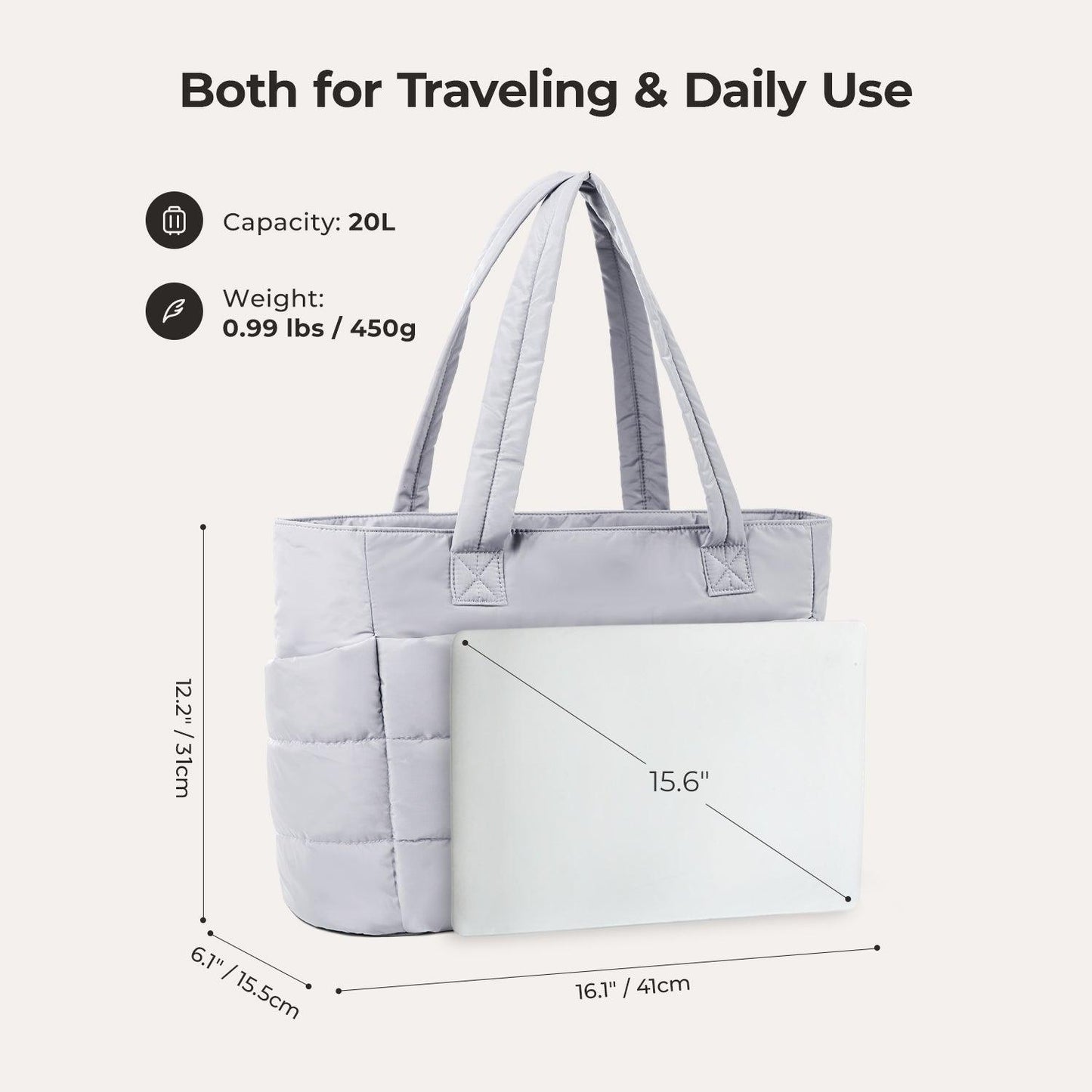 20L Puffy Tote Bag with 15.6" Laptop Compartment