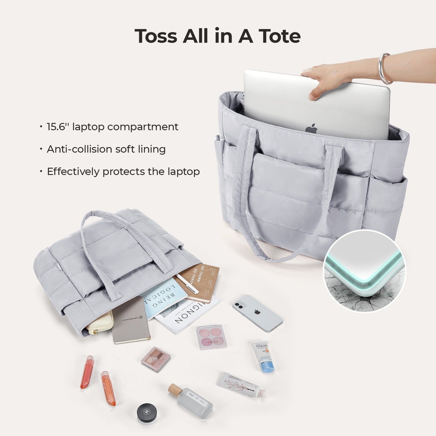 20L Puffy Tote Bag with 15.6" Laptop Compartment