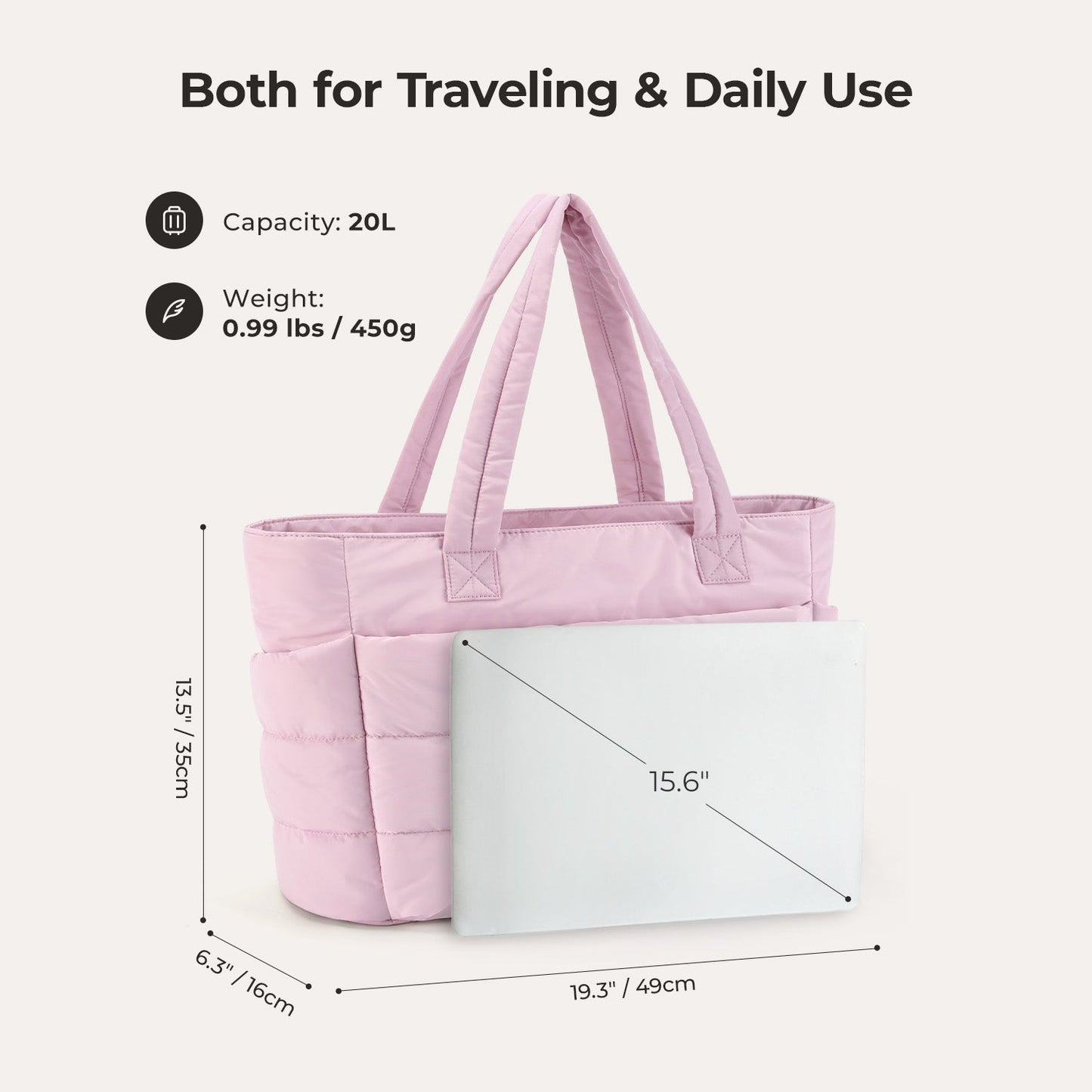 20L Puffy Tote Bag with 15.6" Laptop Compartment