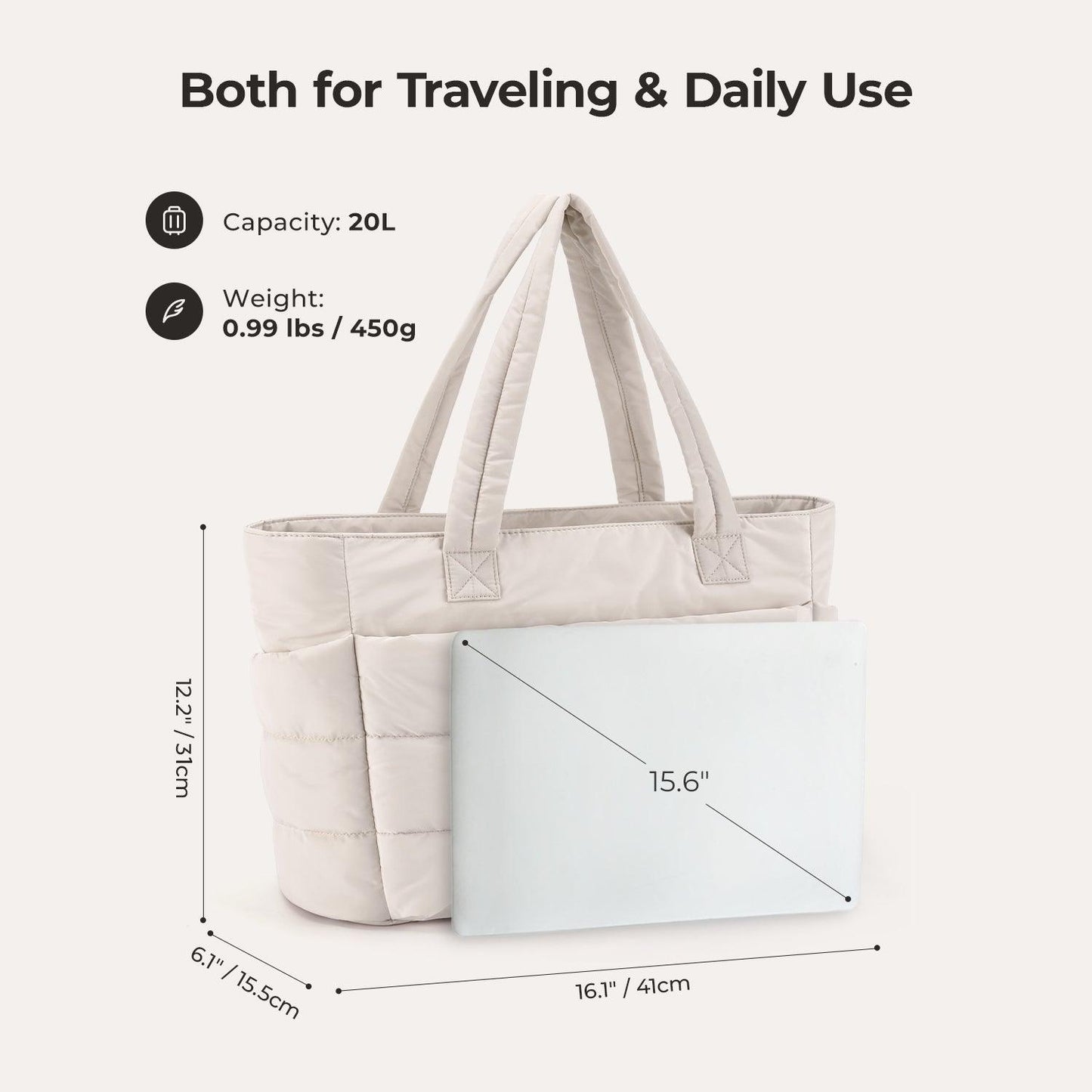 20L Puffy Tote Bag with 15.6" Laptop Compartment