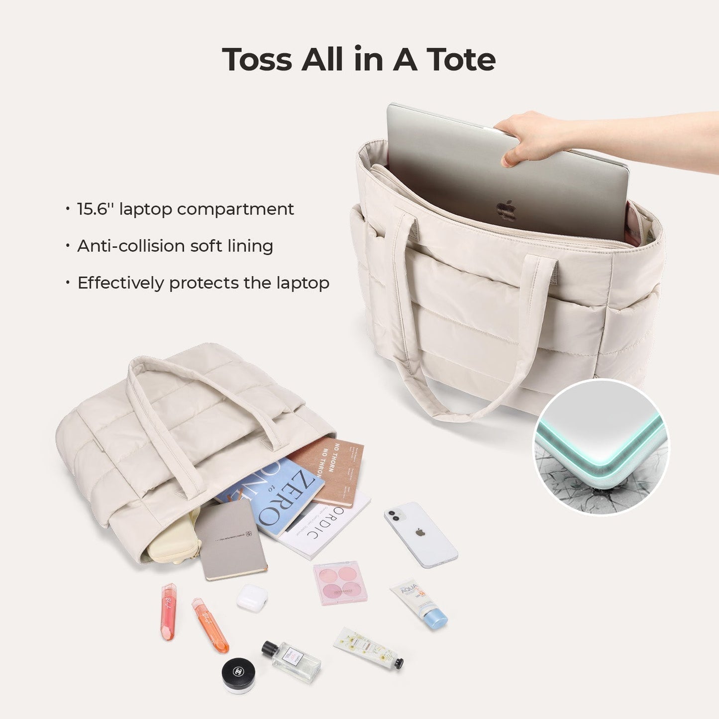 20L Puffy Tote Bag with 15.6" Laptop Compartment