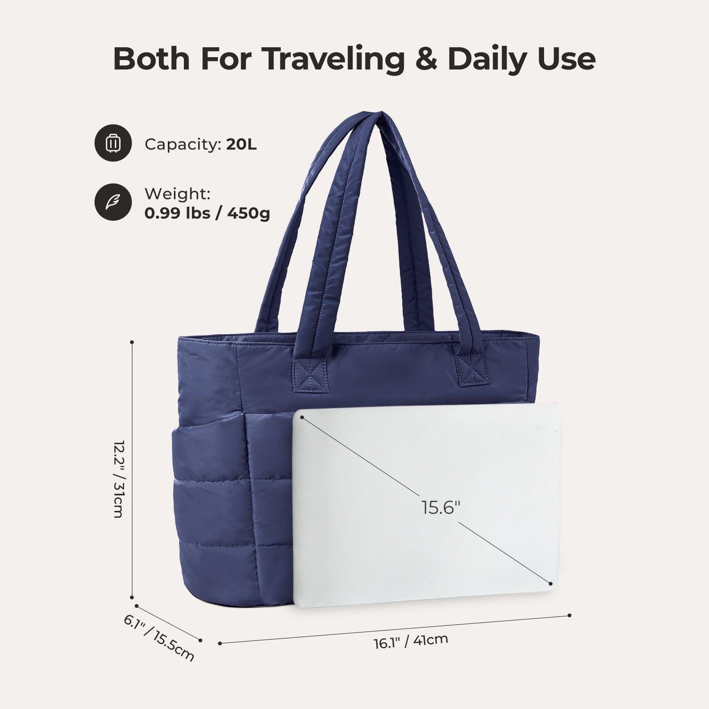 20L Puffy Tote Bag with 15.6" Laptop Compartment