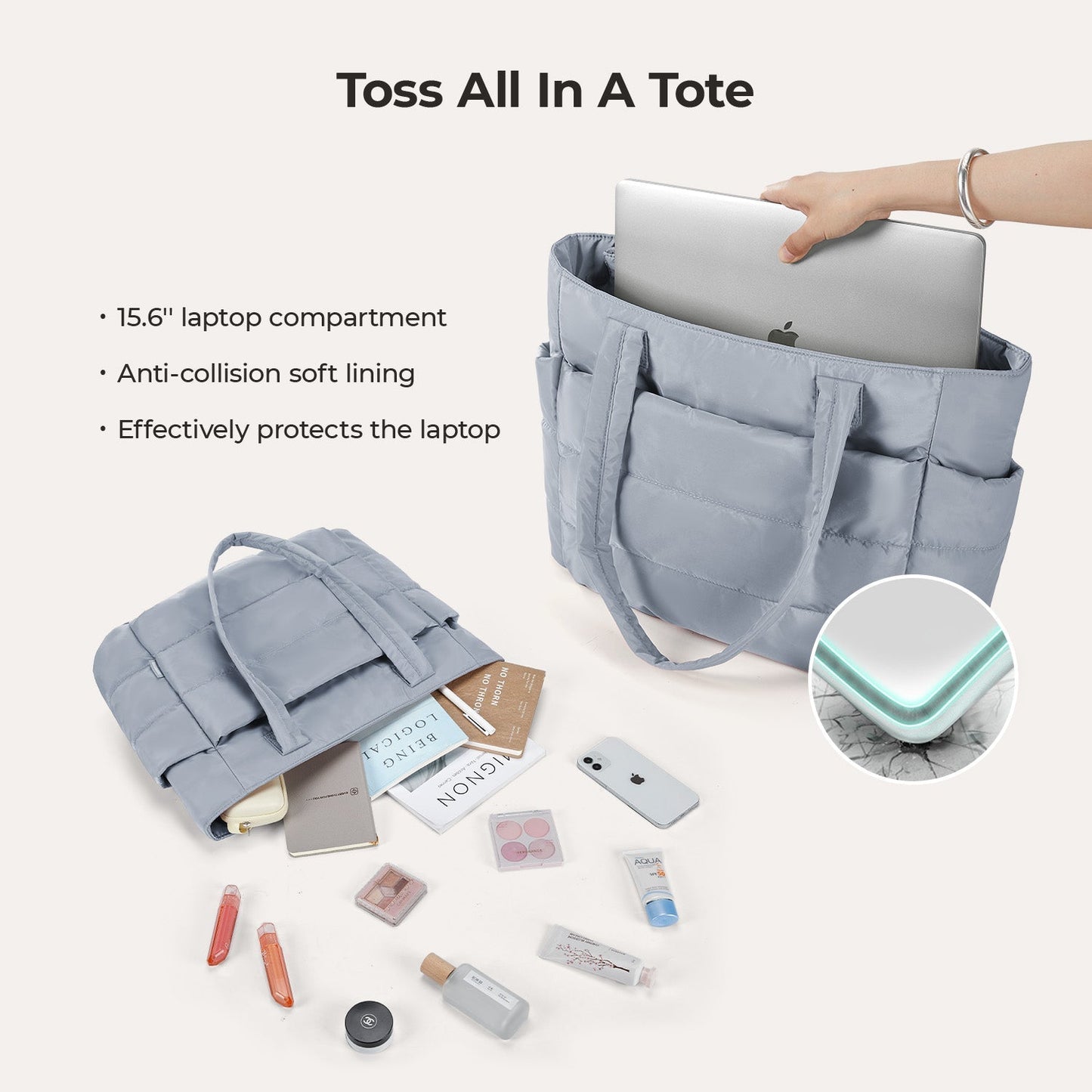 20L Puffy Tote Bag with 15.6" Laptop Compartment