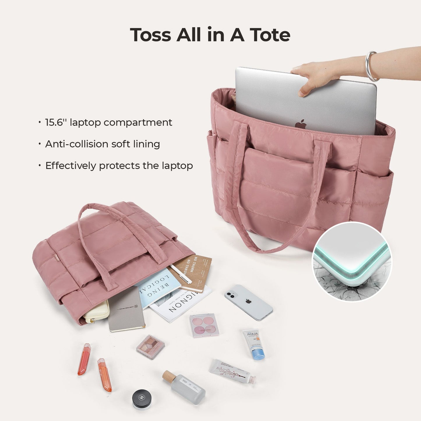 20L Puffy Tote Bag with 15.6" Laptop Compartment