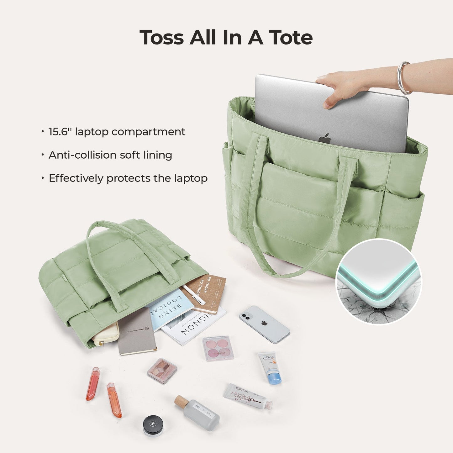 20L Puffy Tote Bag with 15.6" Laptop Compartment