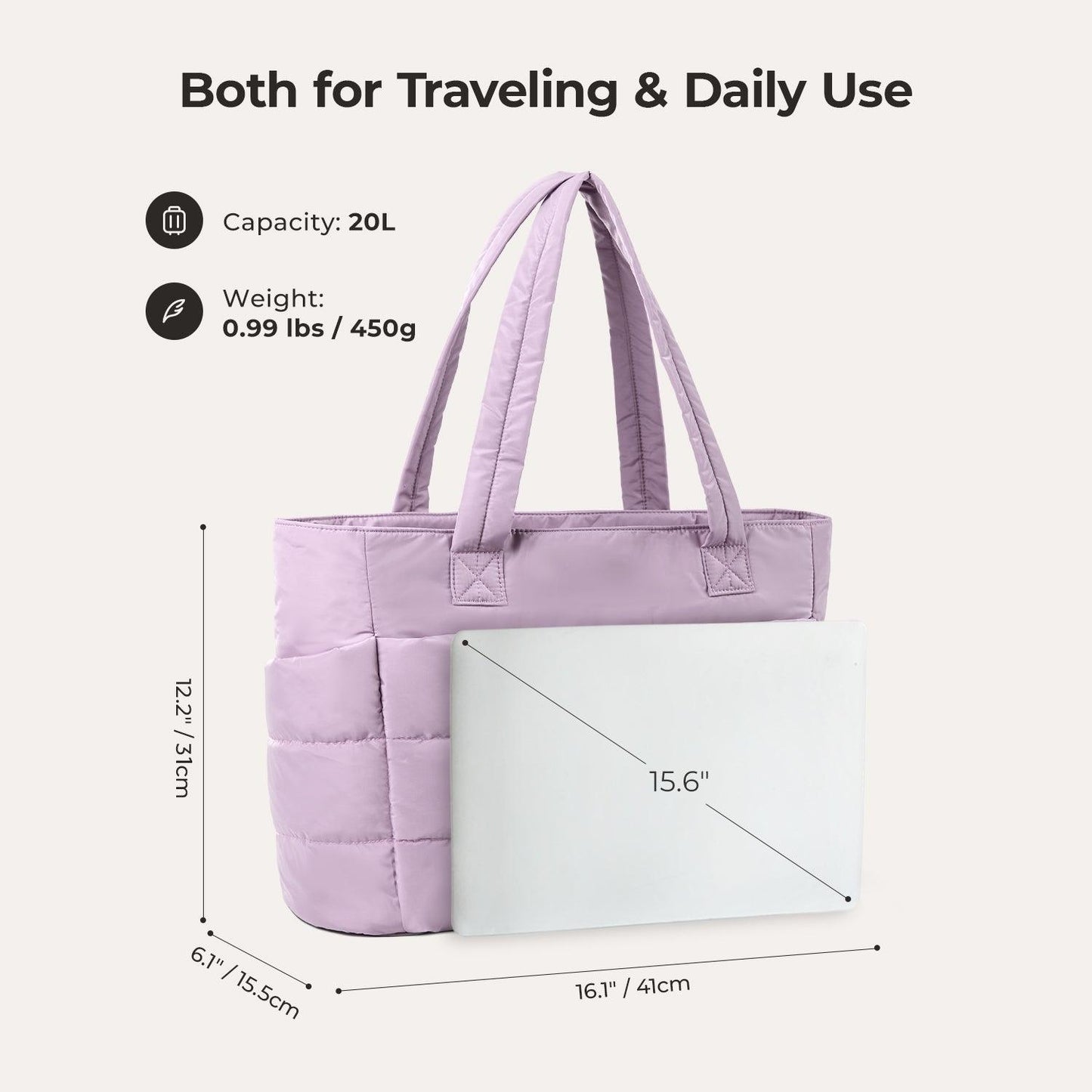 20L Puffy Tote Bag with 15.6" Laptop Compartment