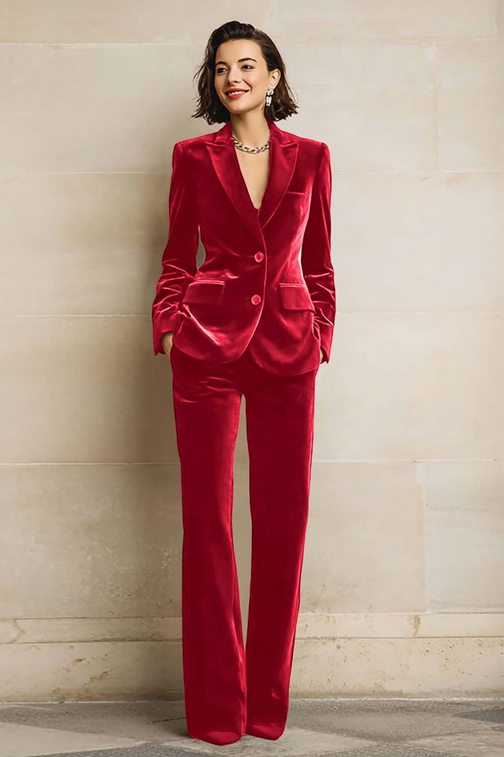 Women's Velvet Two-Piece Suit, Peak Lapels, Long Sleeves, Wide-Leg Trousers