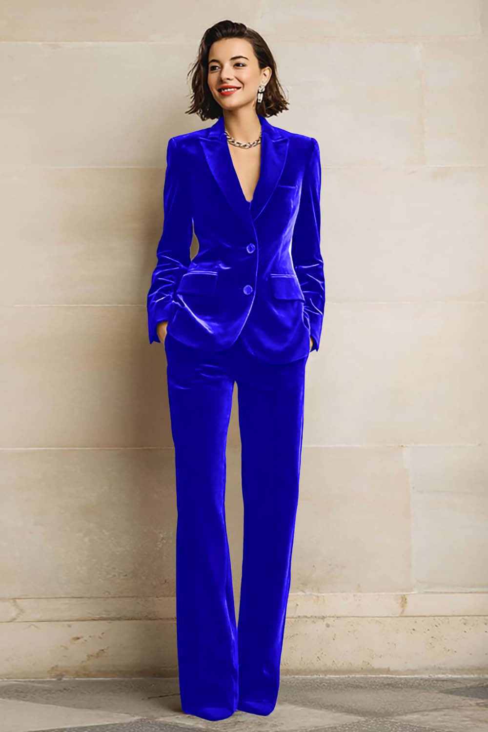 Women's Velvet Two-Piece Suit, Peak Lapels, Long Sleeves, Wide-Leg Trousers
