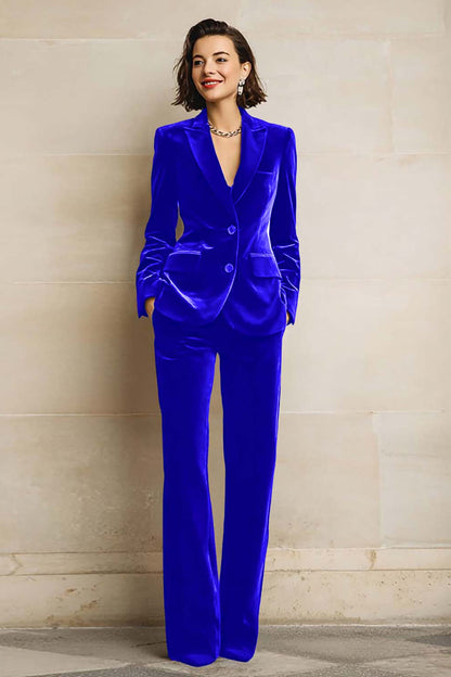 Women's Velvet Two-Piece Suit, Peak Lapels, Long Sleeves, Wide-Leg Trousers