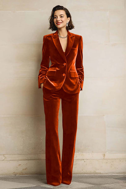 Women's Velvet Two-Piece Suit, Peak Lapels, Long Sleeves, Wide-Leg Trousers