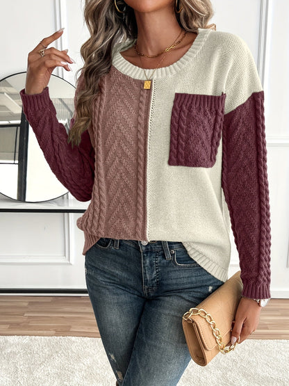 Women's Color Block Cable Knit Sweater