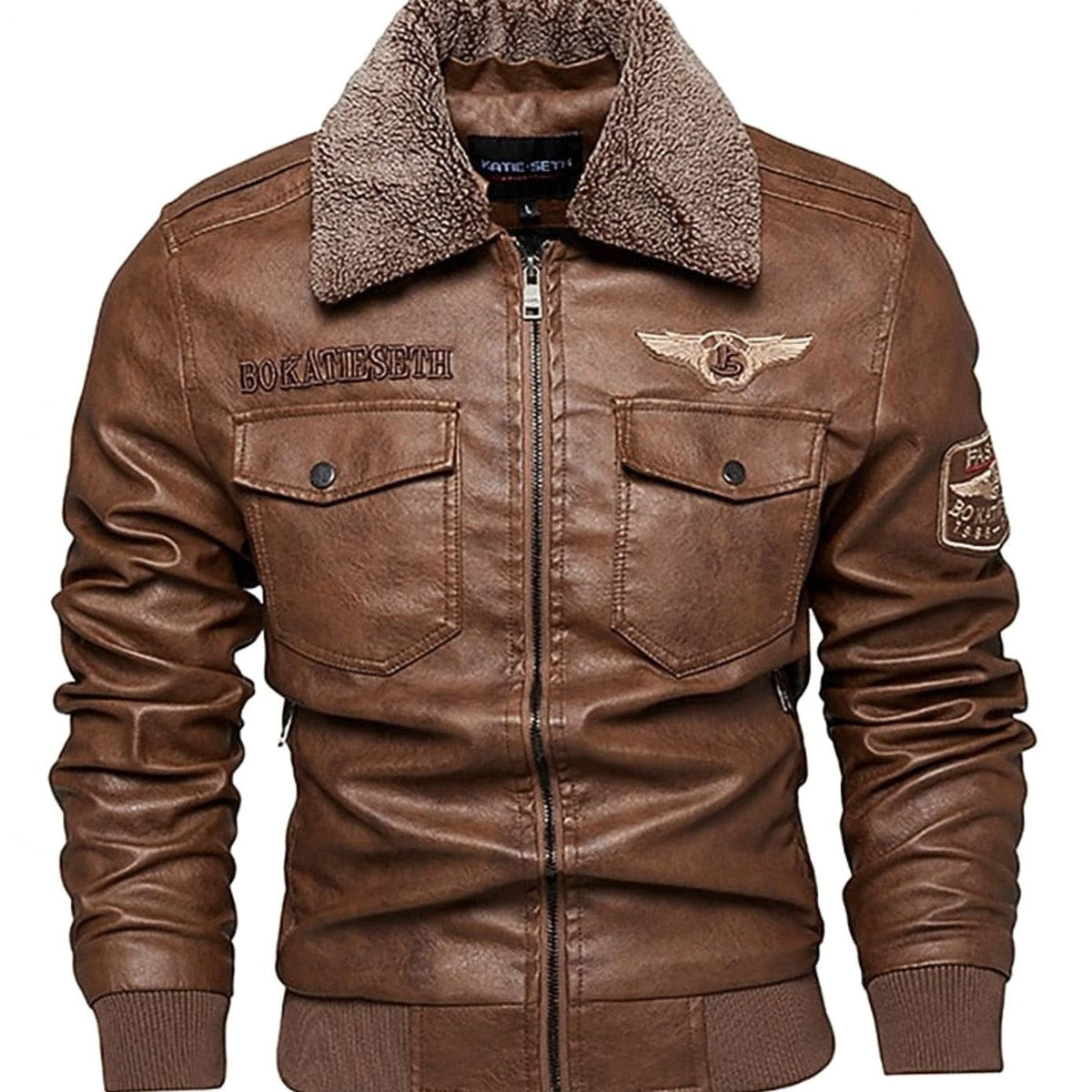 Men's faux leather sherpa-collar aviator bomber jacket, front view