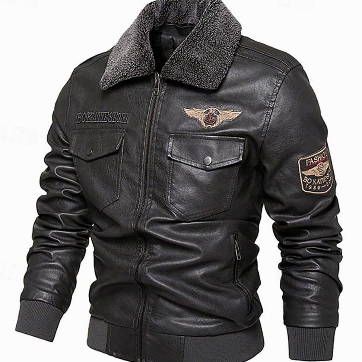 Men's faux leather sherpa-collar aviator bomber jacket, pocket detail