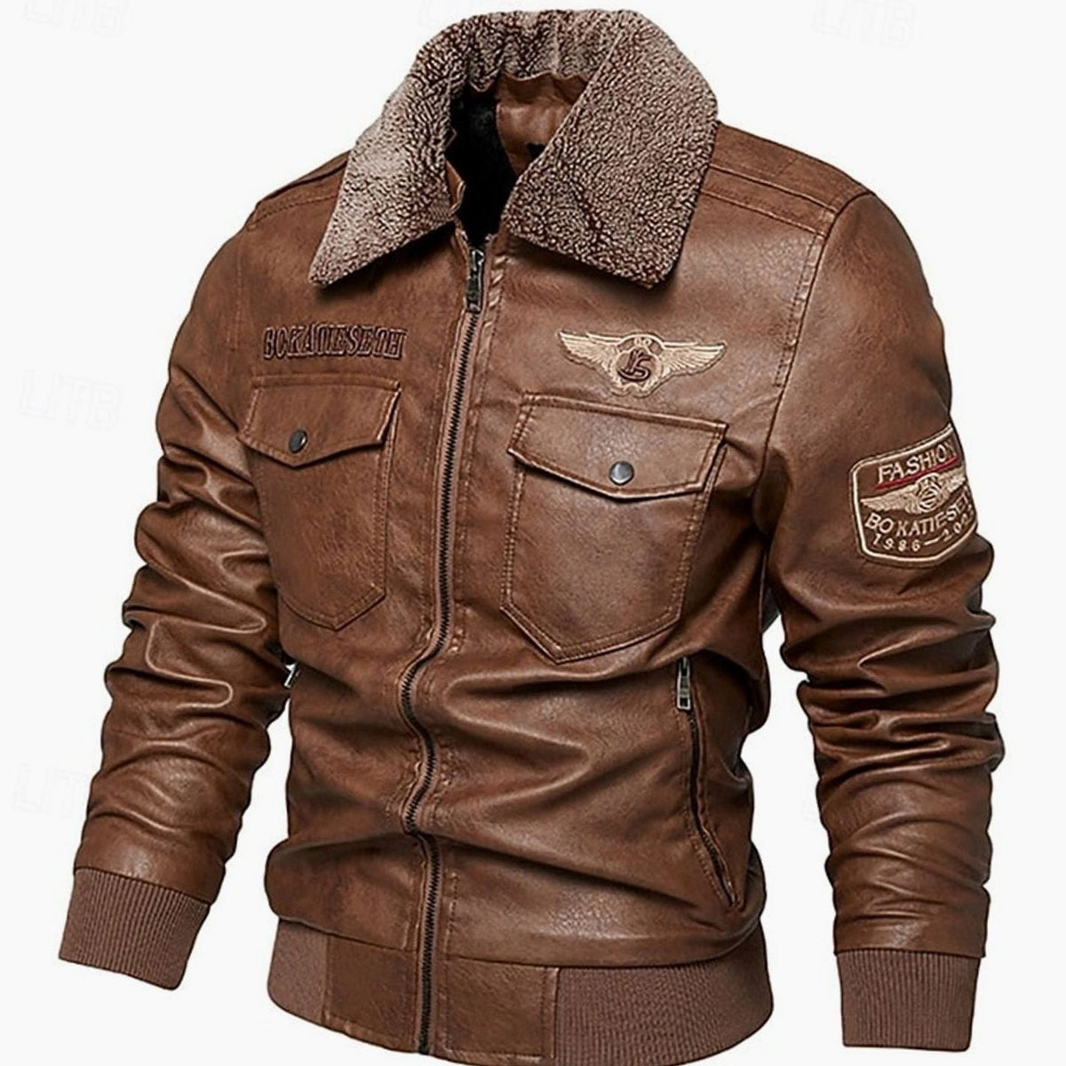 Men's Faux Leather Sherpa-Collar Aviator Bomber Jacket - view 2