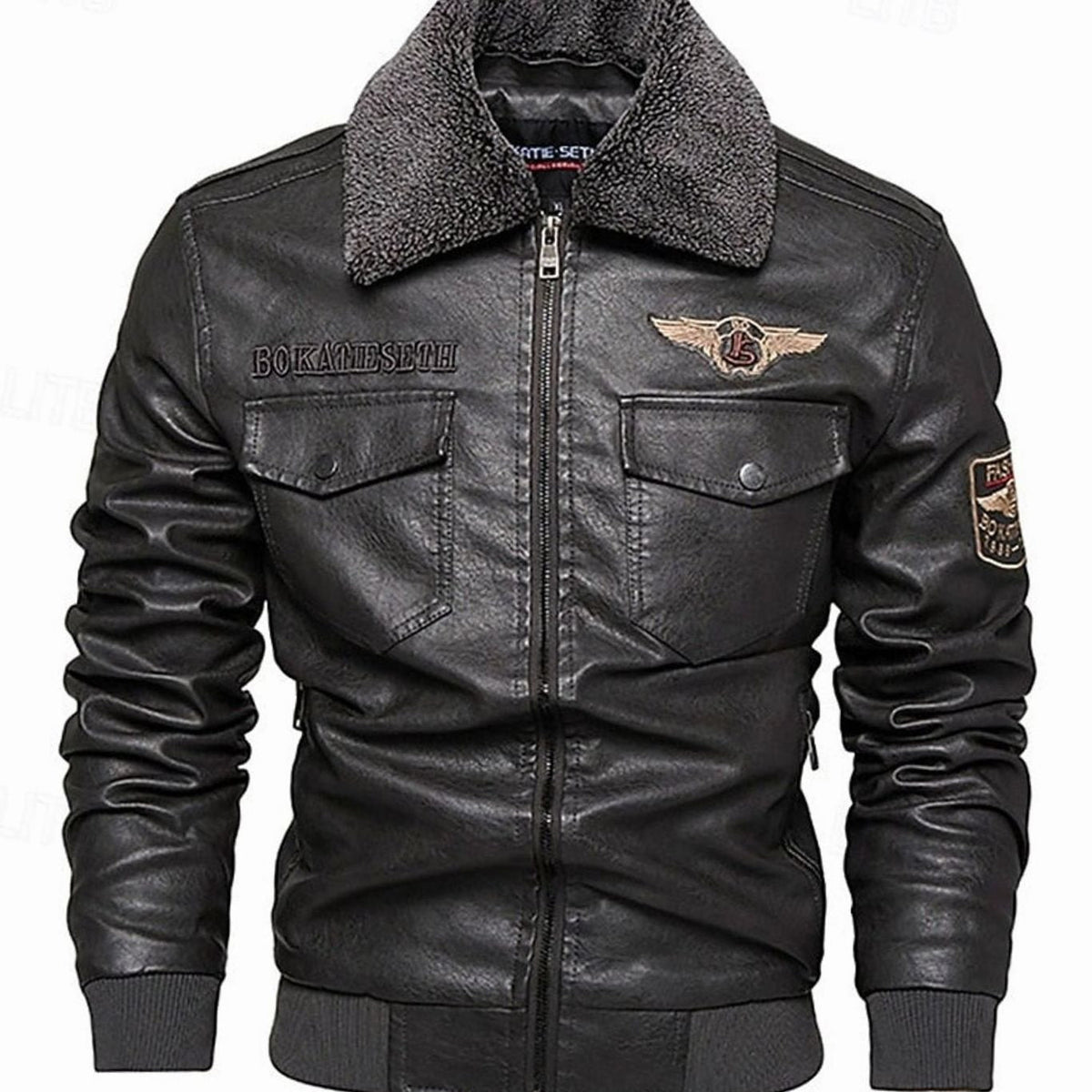 Men's Faux Leather Sherpa-Collar Aviator Bomber Jacket - view 4