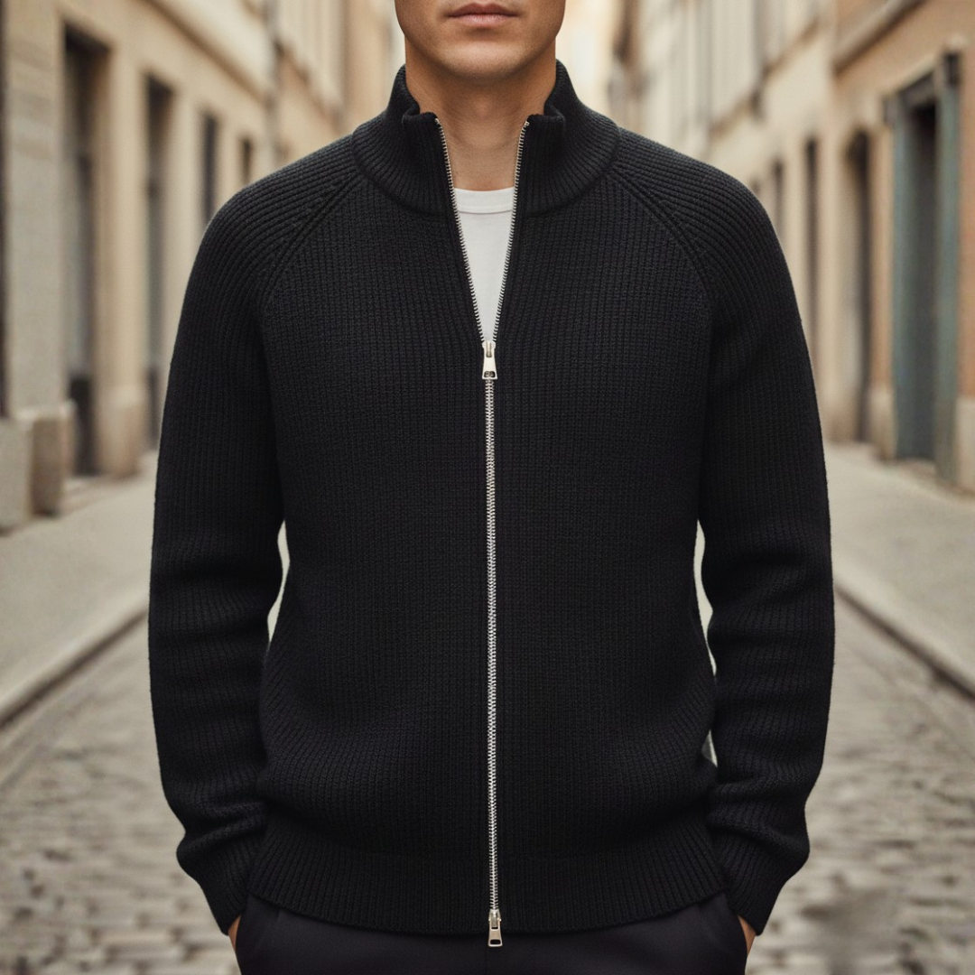 Men's full-zip ribbed knit cardigan in black