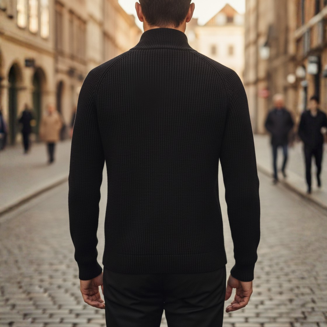 Men's full-zip ribbed knit cardigan, collar and zip detail
