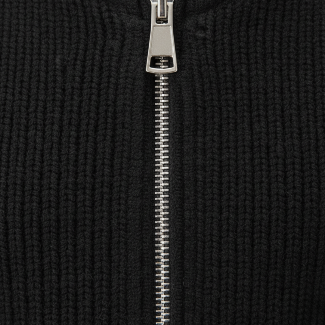 Men's full-zip ribbed knit cardigan, worn on model