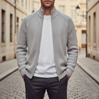 Men's full-zip ribbed knit cardigan in light gray