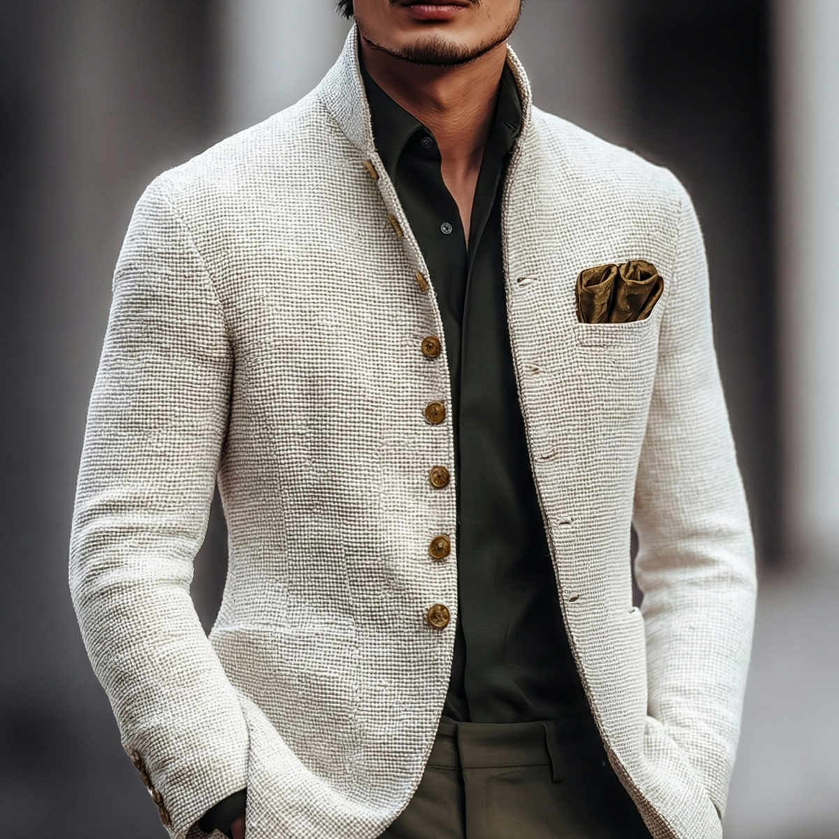 Men's textured knit cardigan with stand collar, front view