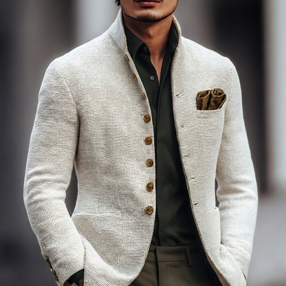 Men's textured knit cardigan with stand collar, front view