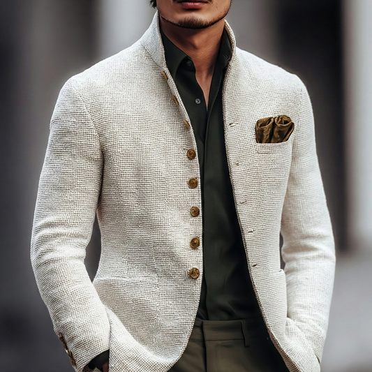 Men's textured knit cardigan with stand collar, front view