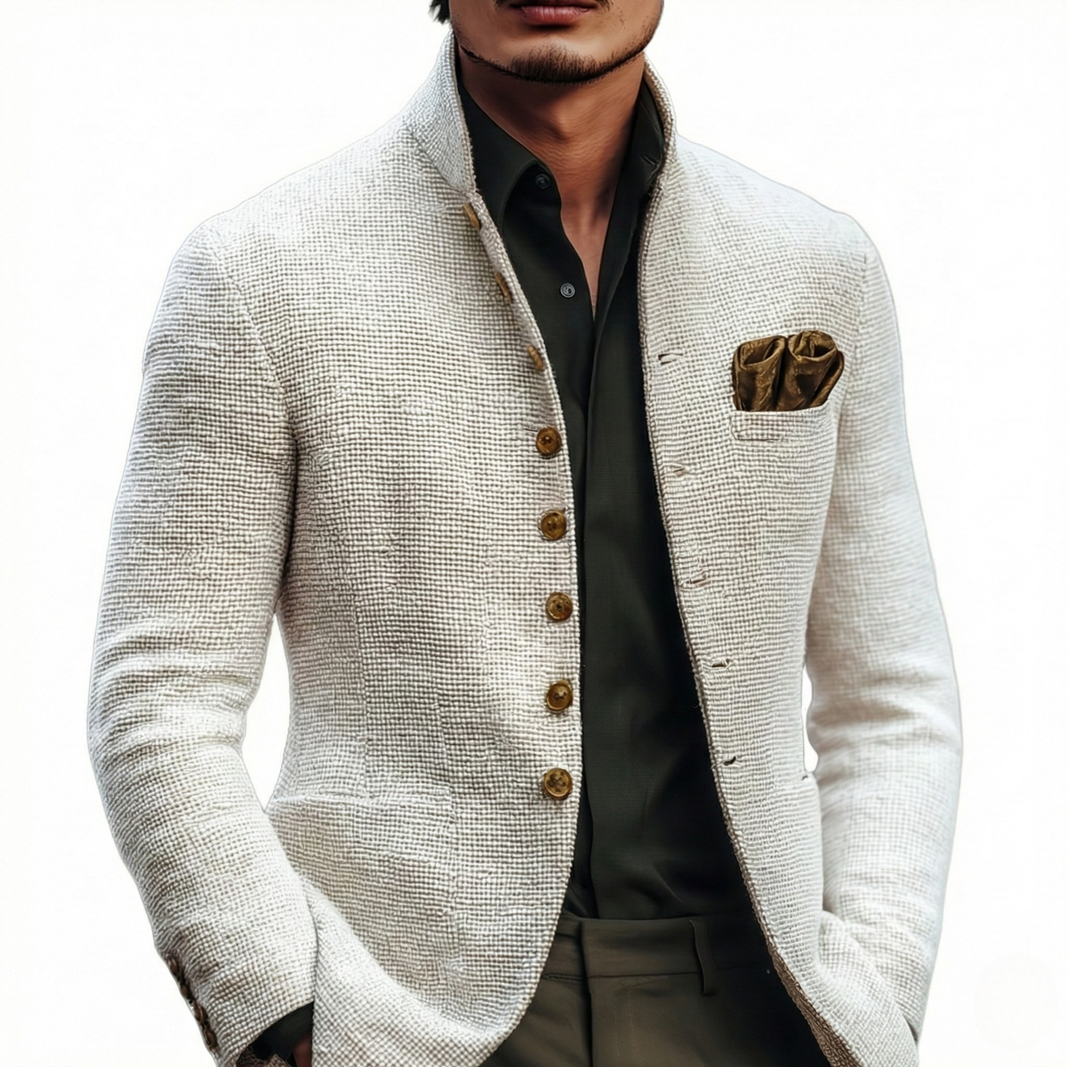 Men's textured knit cardigan with stand collar, worn on model