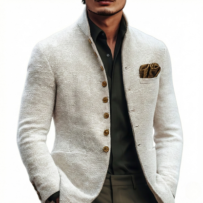 Men's textured knit cardigan with stand collar, worn on model