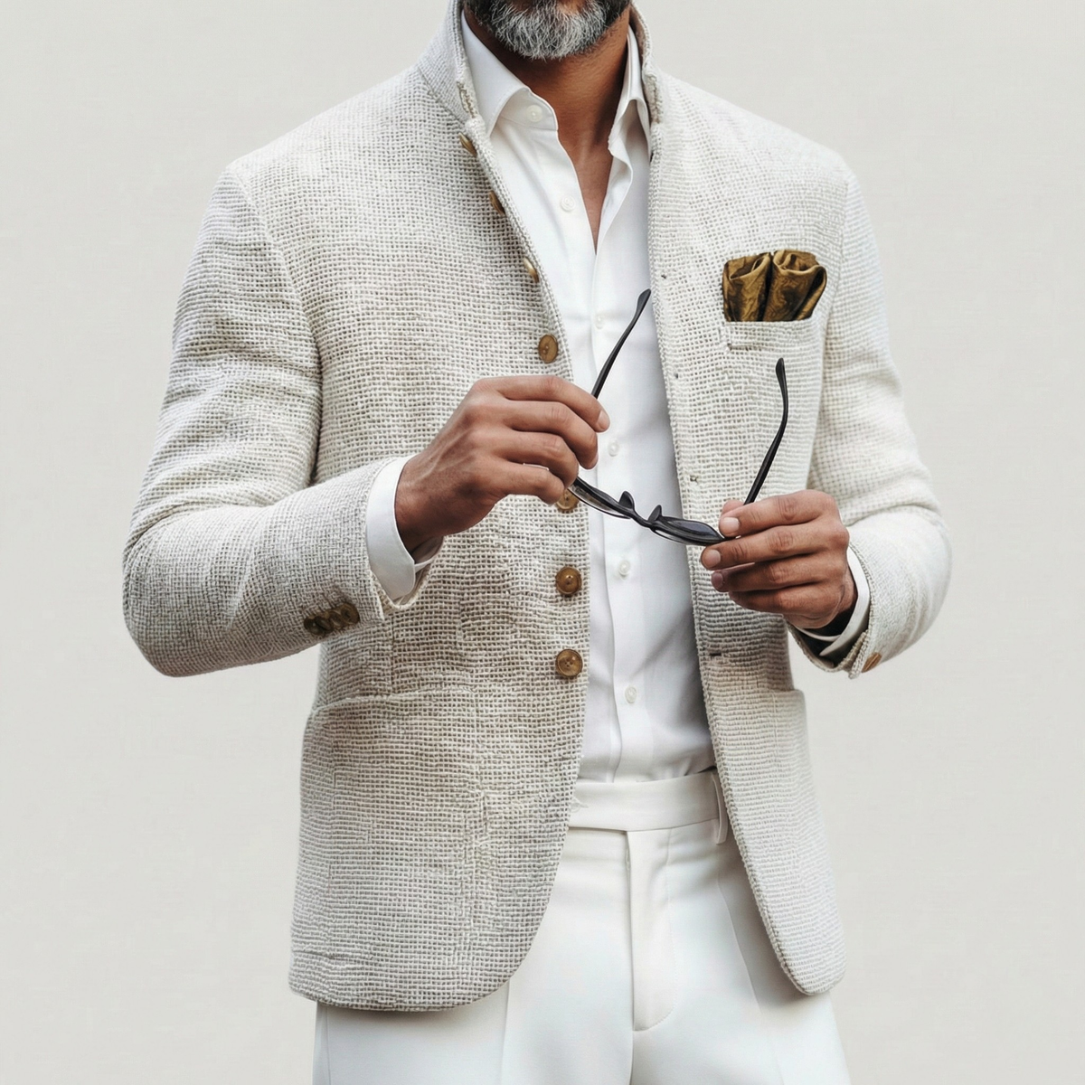 Men's textured knit cardigan with stand collar, back view