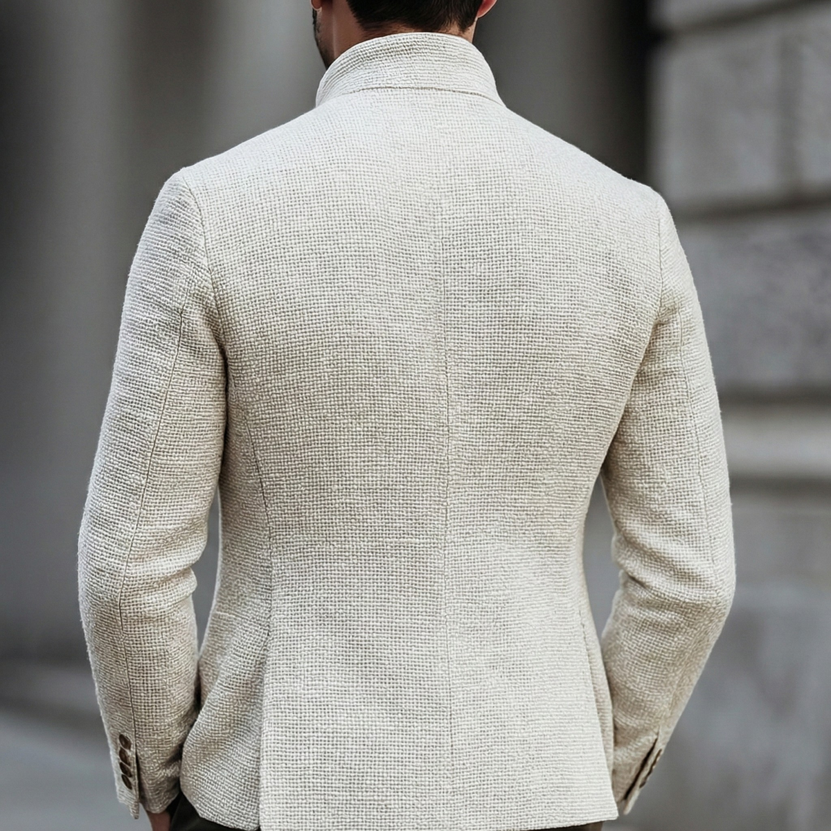Men's textured knit cardigan with stand collar, fabric detail