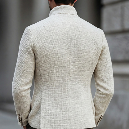 Men's textured knit cardigan with stand collar, fabric detail