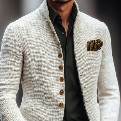 Men's textured knit cardigan with stand collar, size chart