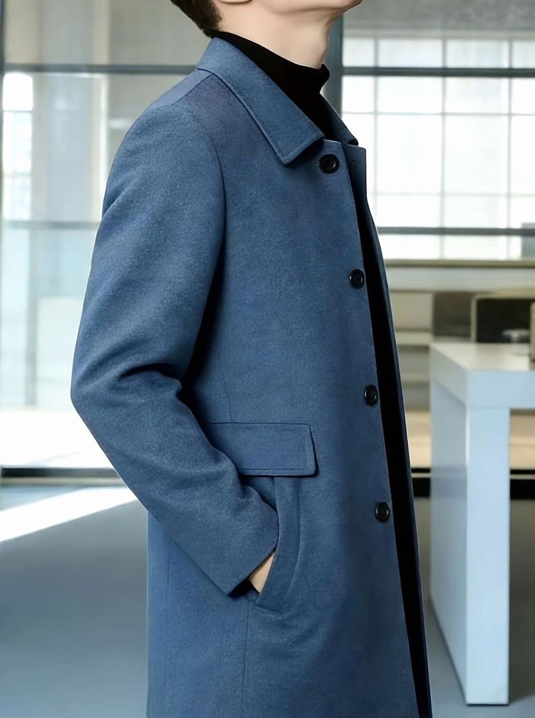 Men's single-breasted wool overcoat with classic collar, full length view
