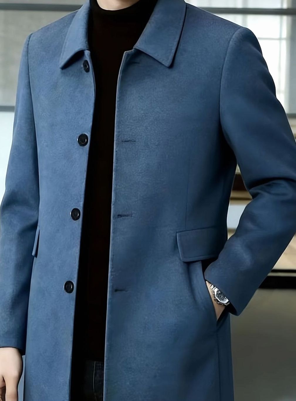 Men's single-breasted wool overcoat with classic collar, button detail