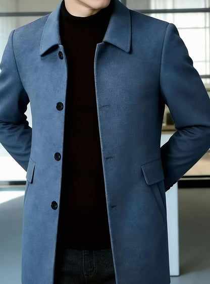 Men's single-breasted wool overcoat with classic collar, sleeve detail