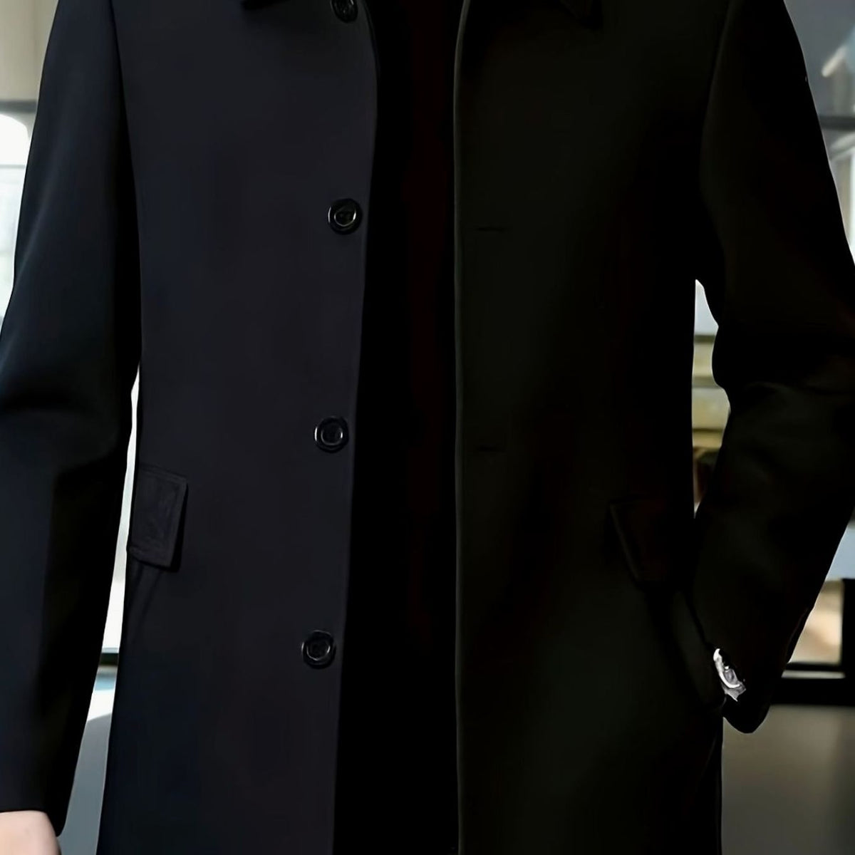 Men's single-breasted wool overcoat with classic collar, close-up detail