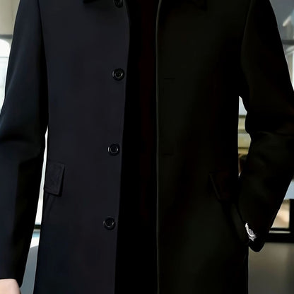 Men's single-breasted wool overcoat with classic collar, close-up detail
