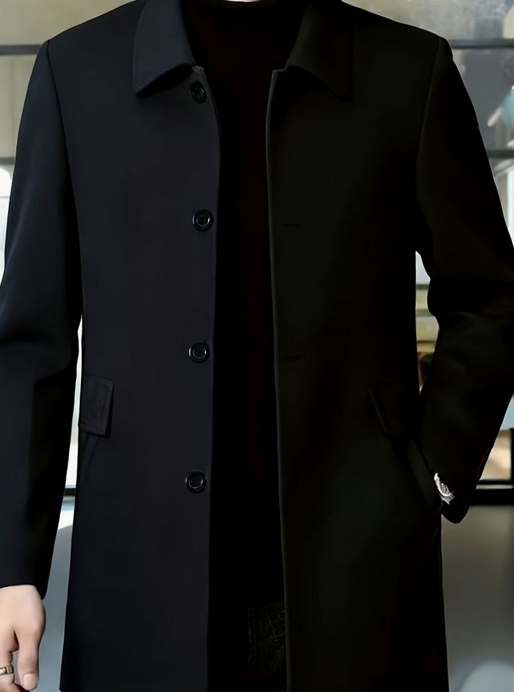 Men's single-breasted wool overcoat with classic collar, lining detail