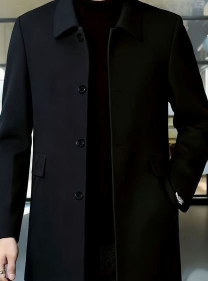 Men's single-breasted wool overcoat with classic collar, lining detail
