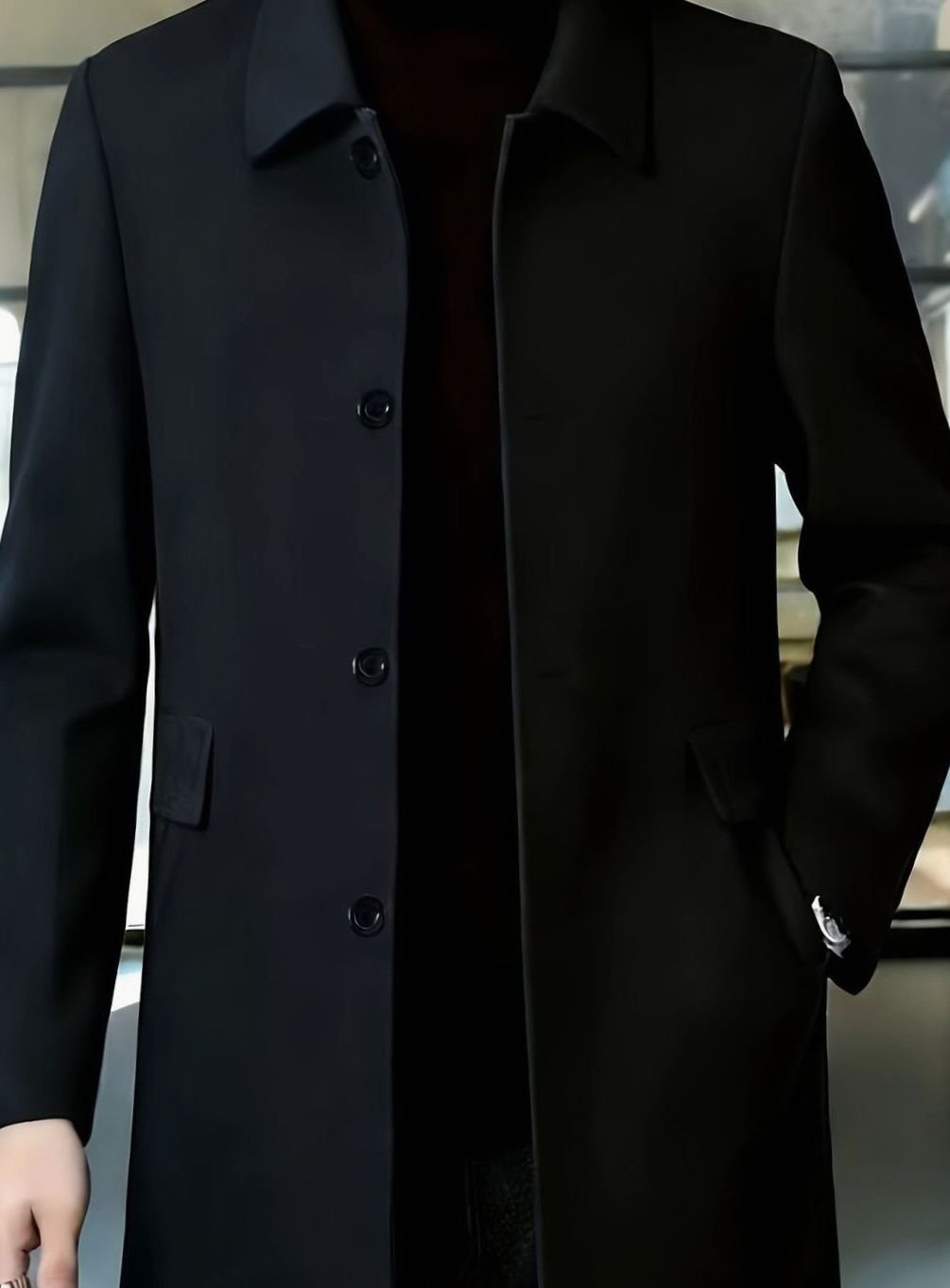 Men's single-breasted wool overcoat with classic collar, layered styling